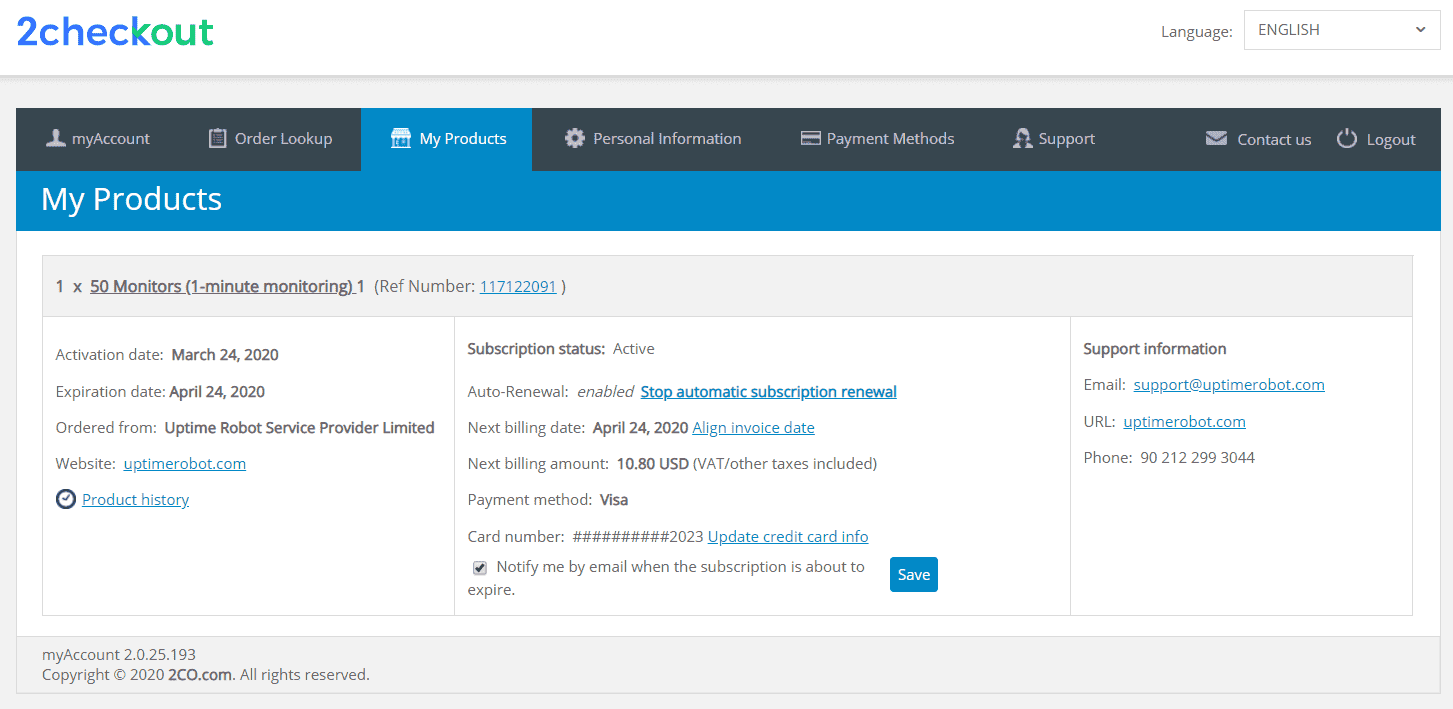 Screenshot of navigation in 2CheckOut